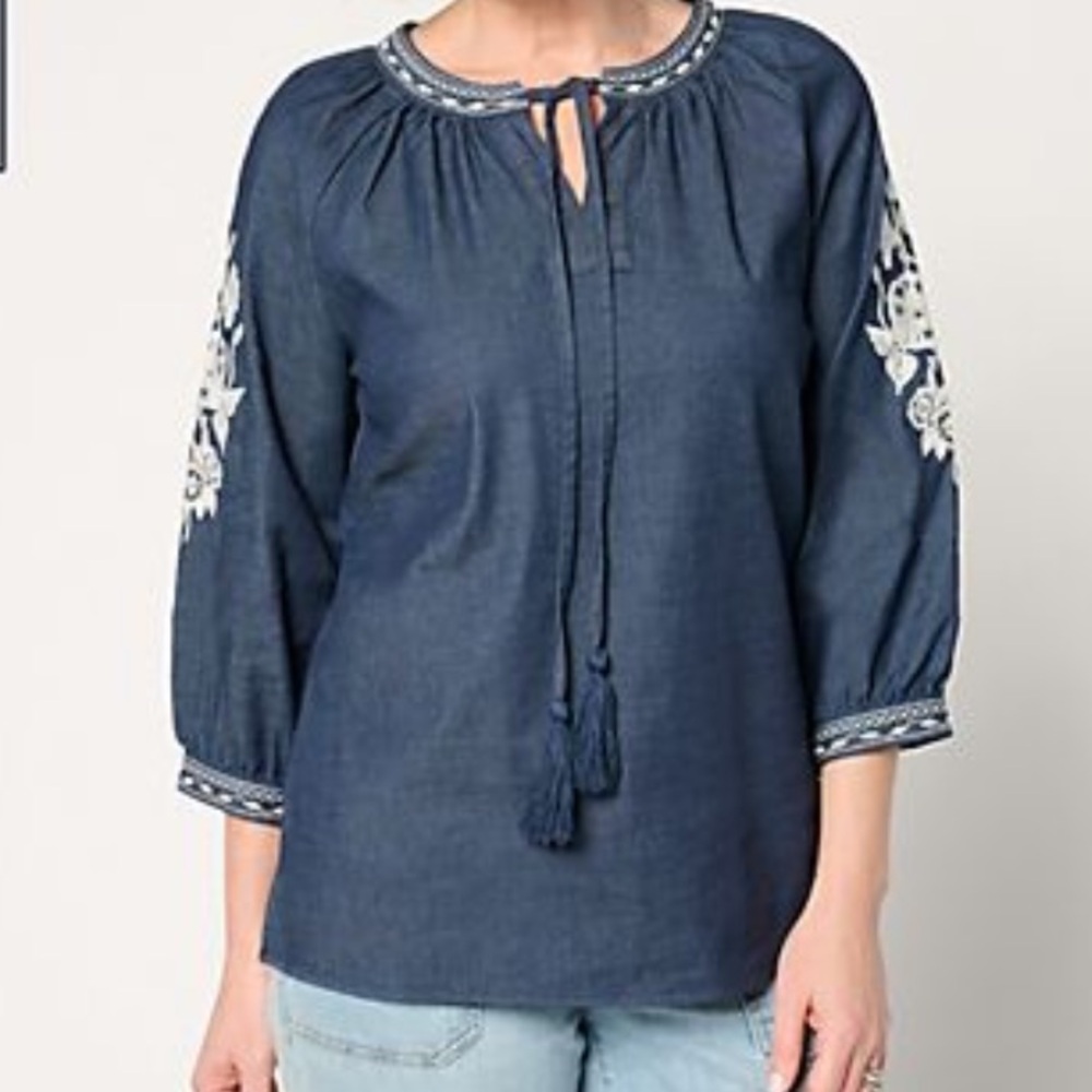 Belle by Kim Gravel Dark Blue Blouse with White Embroidery